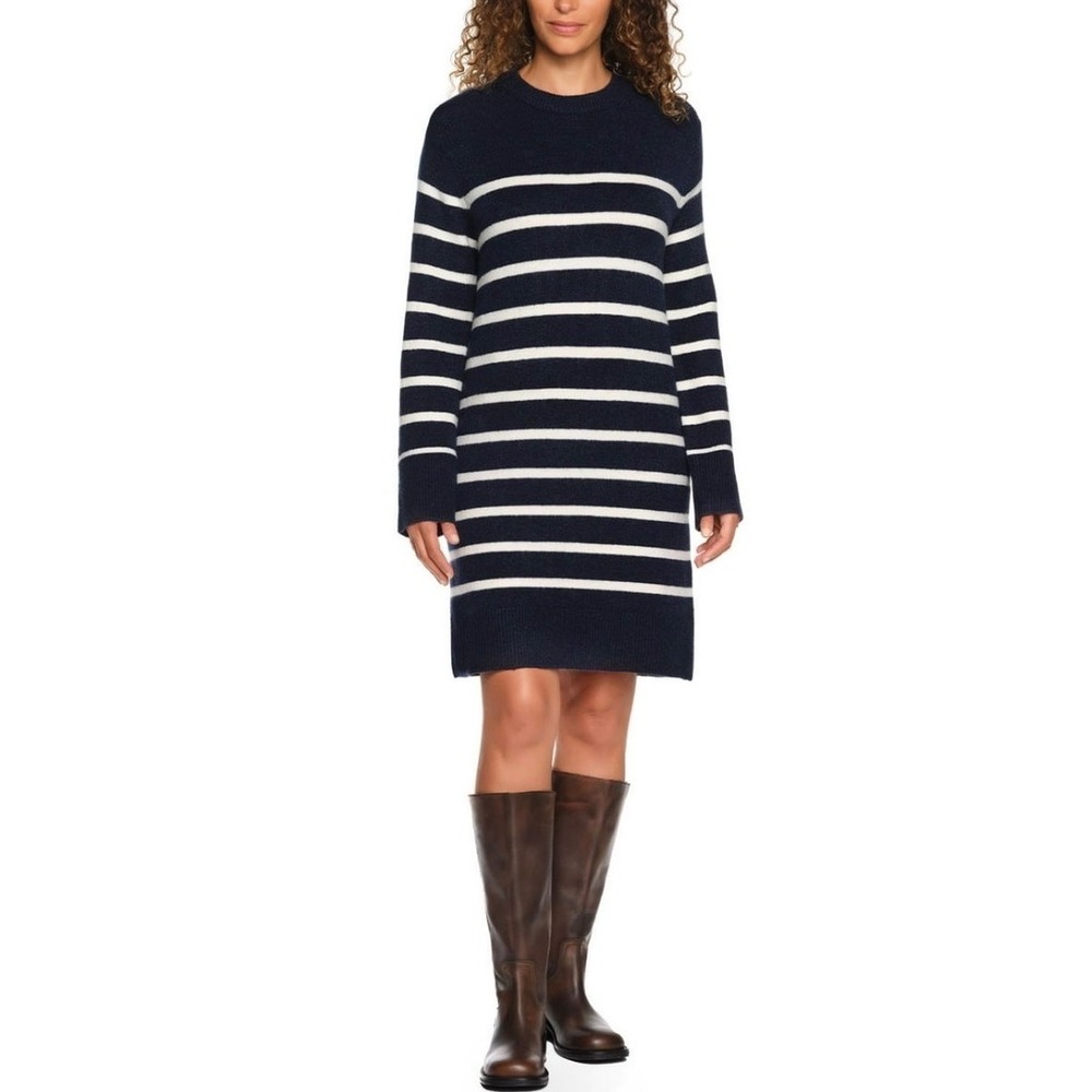 Lands End Sweater Dress Womens XS Navy White Striped Long Sleeve Knit New